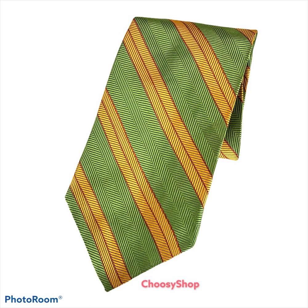 HICKEY FREEMAN Silk Tie Lime Green Gold Yellow Striped
